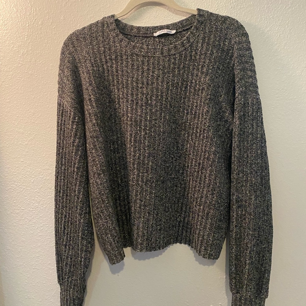 Zara Gray Crew Neck Sweater Chunky Knit Ribbed Medium